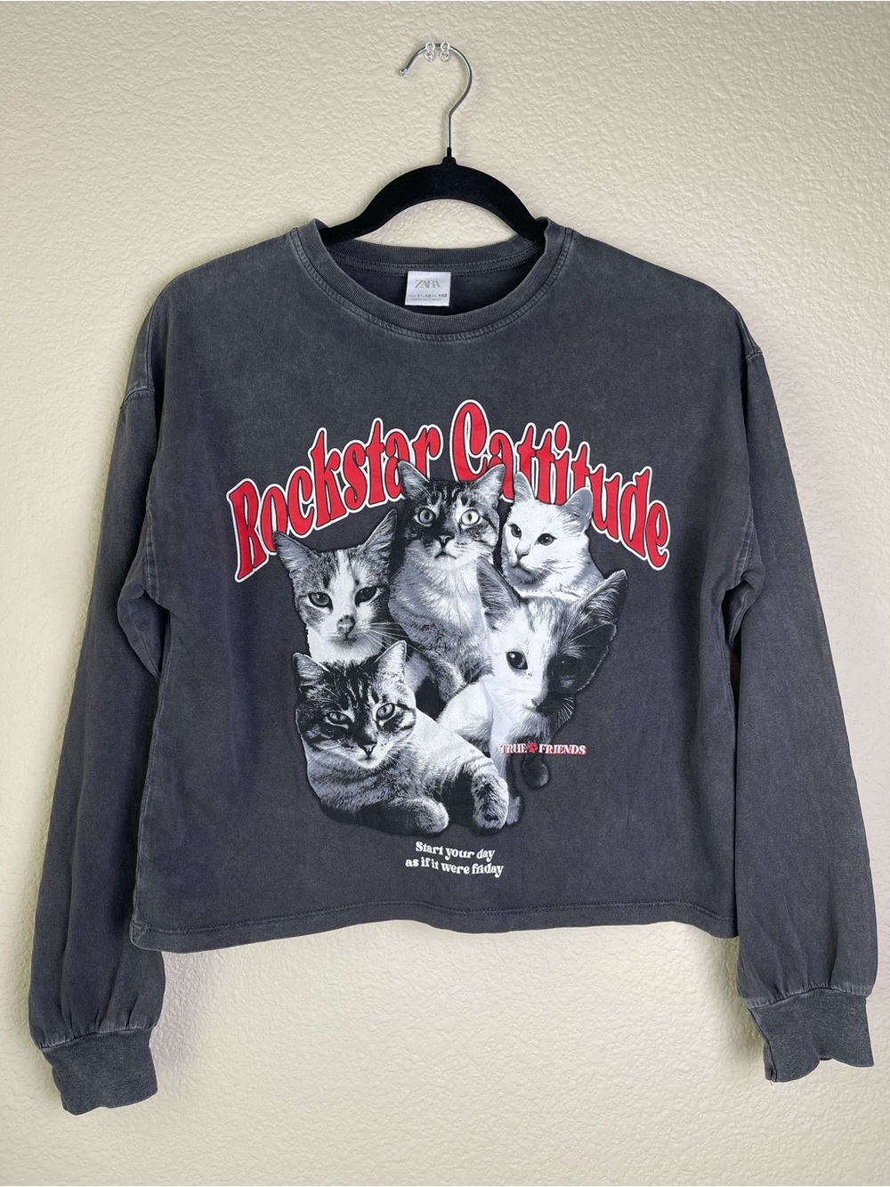 NWT ZARA Rockstar Cattitude Girl’s Size 11-12 Long Sleeved Faded Graphic T-Shirt